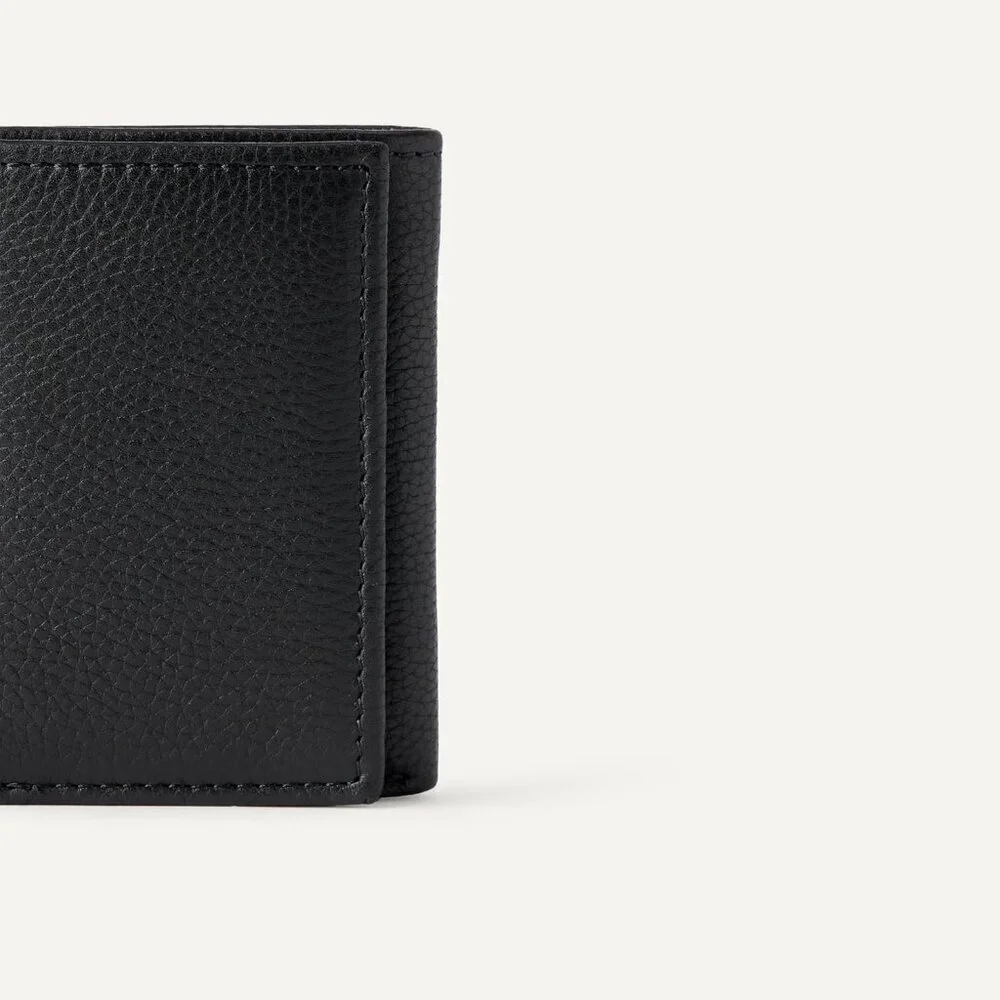 Men's Classic Grain Leather Lined Cotton Black Wallet Card Style Slip Pocket